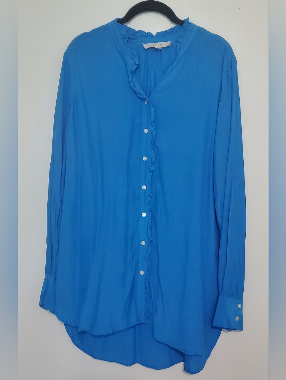 Bright Blue Ruffle-Trim Button Front Women's Top - Picture 2 of 5